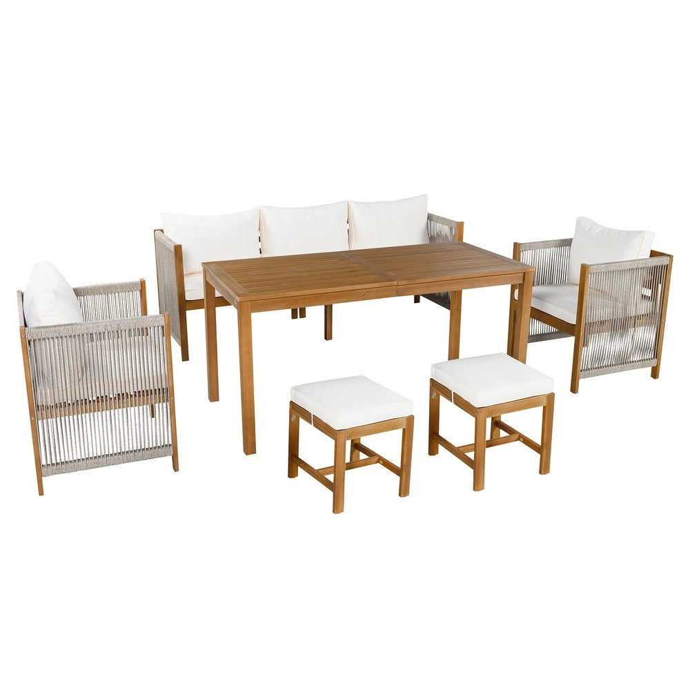 Set da giardino 6 pezzi - Zephmum - Divano 3 posti, 2 poltrone, 2 pouf, tavolo in acacia, colore beige