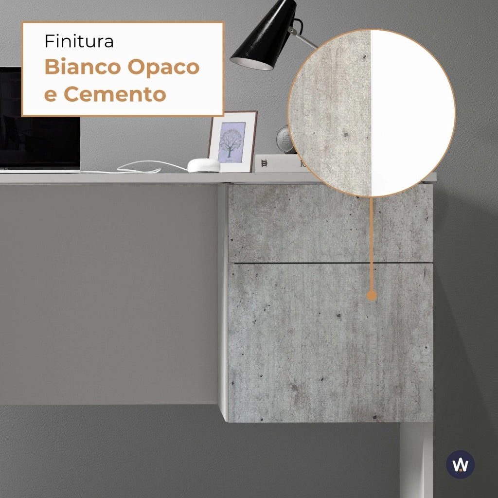 WHOUS Scrivania Easy 1 anta e 1 cassetto bianco opaco e cemento 110x50x75 cm