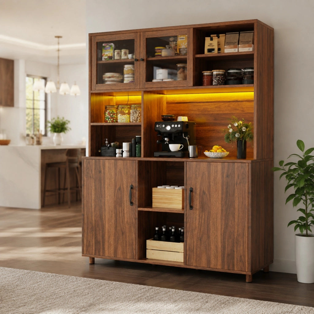 Mobile alto da cucina con LED smart e ante scorrevoli, noce