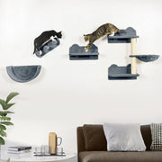 Parete arrampicata per gatti a 4 pezzi con tiragraffi, piattaforma, scala e cuccia semicircolare, grigio