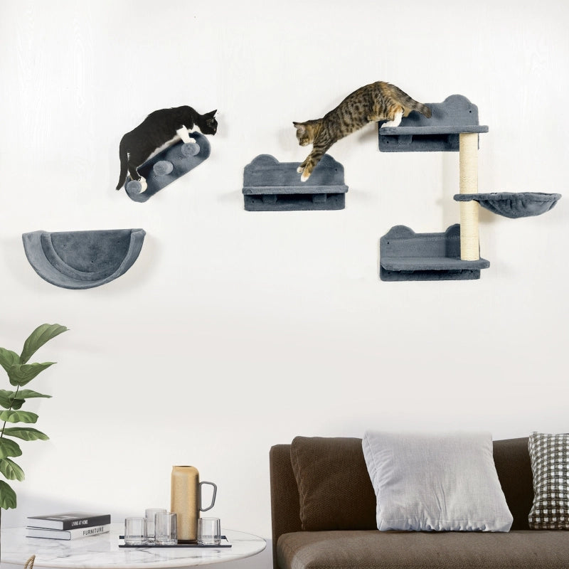 Parete arrampicata per gatti a 4 pezzi con tiragraffi, piattaforma, scala e cuccia semicircolare, grigio