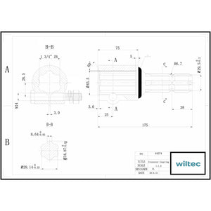 Boccola albero cardanico 175 mm Attacco albero scanalato 1 3/4" 6D Albero uscita 1 3/8" 6D Trattore