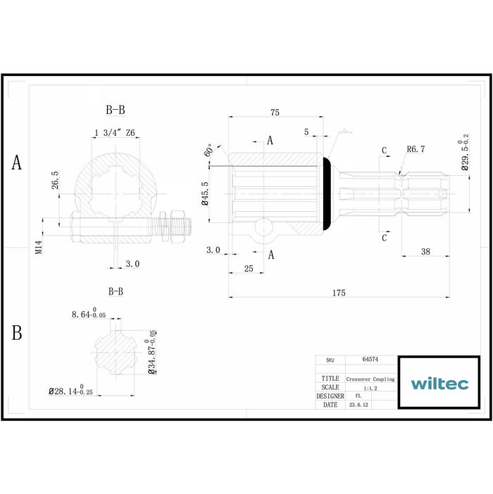 Boccola albero cardanico 175 mm Attacco albero scanalato 1 3/4" 6D Albero uscita 1 3/8" 6D Trattore
