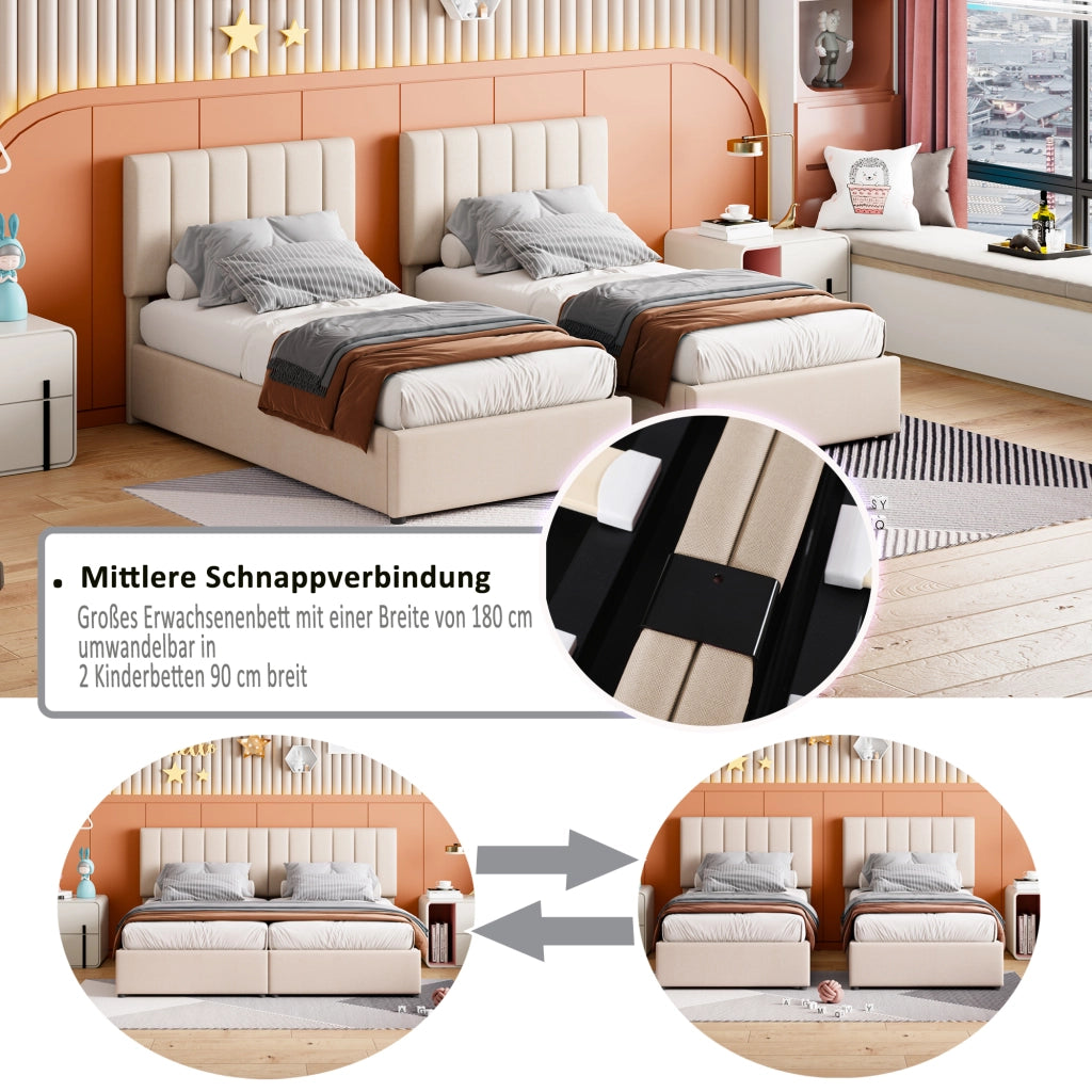 OKWISH Letto Contenitore 180×200 cm, Letto Matrimoniale con Contenitore Idraulico, Testiera Regolabile e Convertibile, senza Materasso, Beige