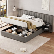 OKWISH Letto contenitore 160×200 cm, Letto Matrimoniale con Sollevamento Idraulico, 2 Comodini e Doghe in Legno, senza Materasso, Lino Grigio Nero