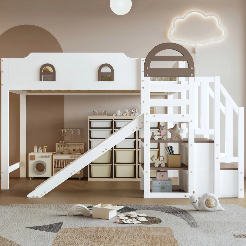 Letto a castello 90x200 cm con scivolo e scala contenitore in legno e MDF bianco