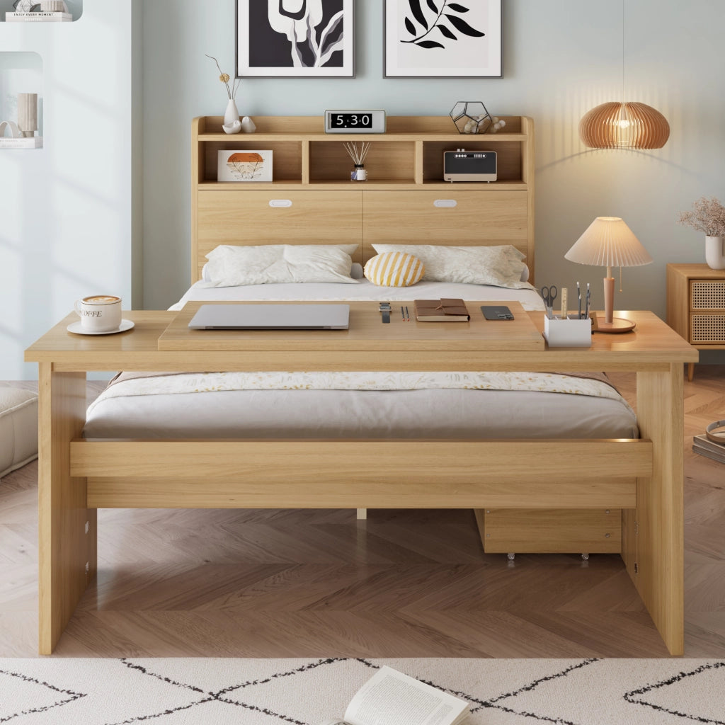 Letto con Cassetti 140 x 200 cm - Testiera con Mensole; Tavolo Pieghevole e Cassetto