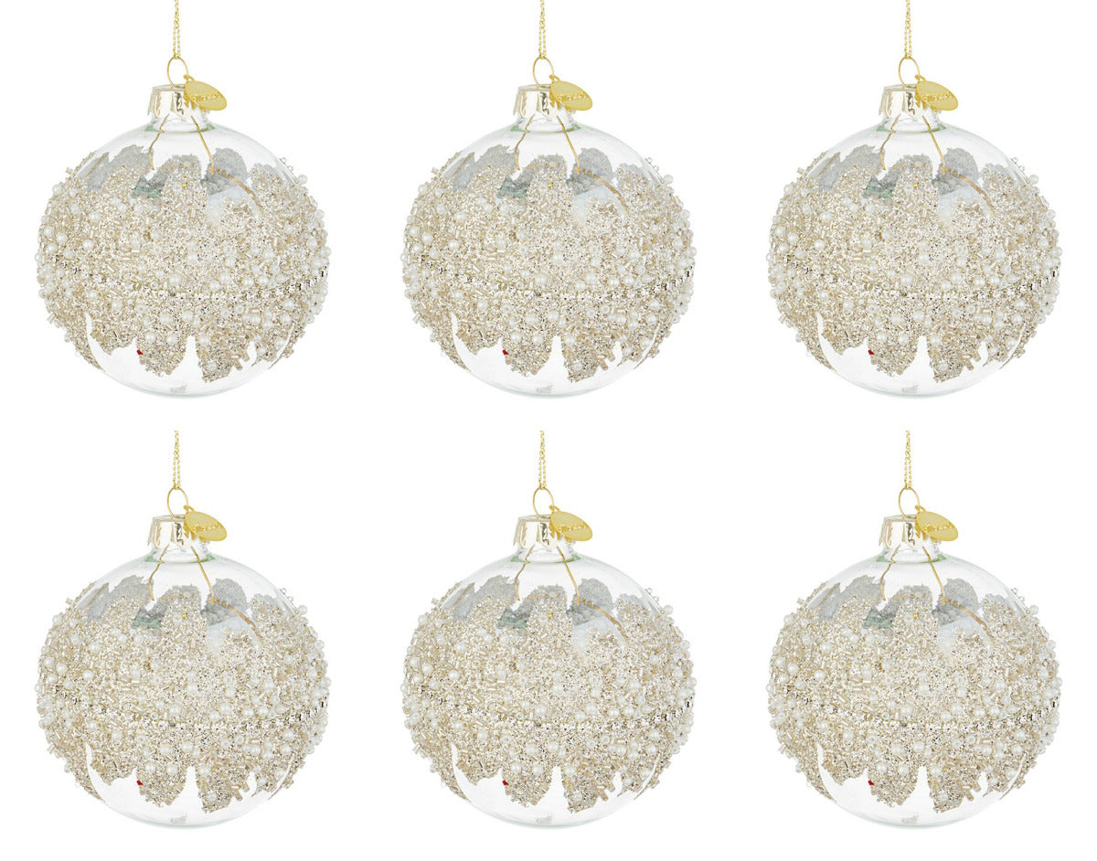 Palle di Natale in Vetro Trasparente Argento con Perle Addobbi Natalizi Albero