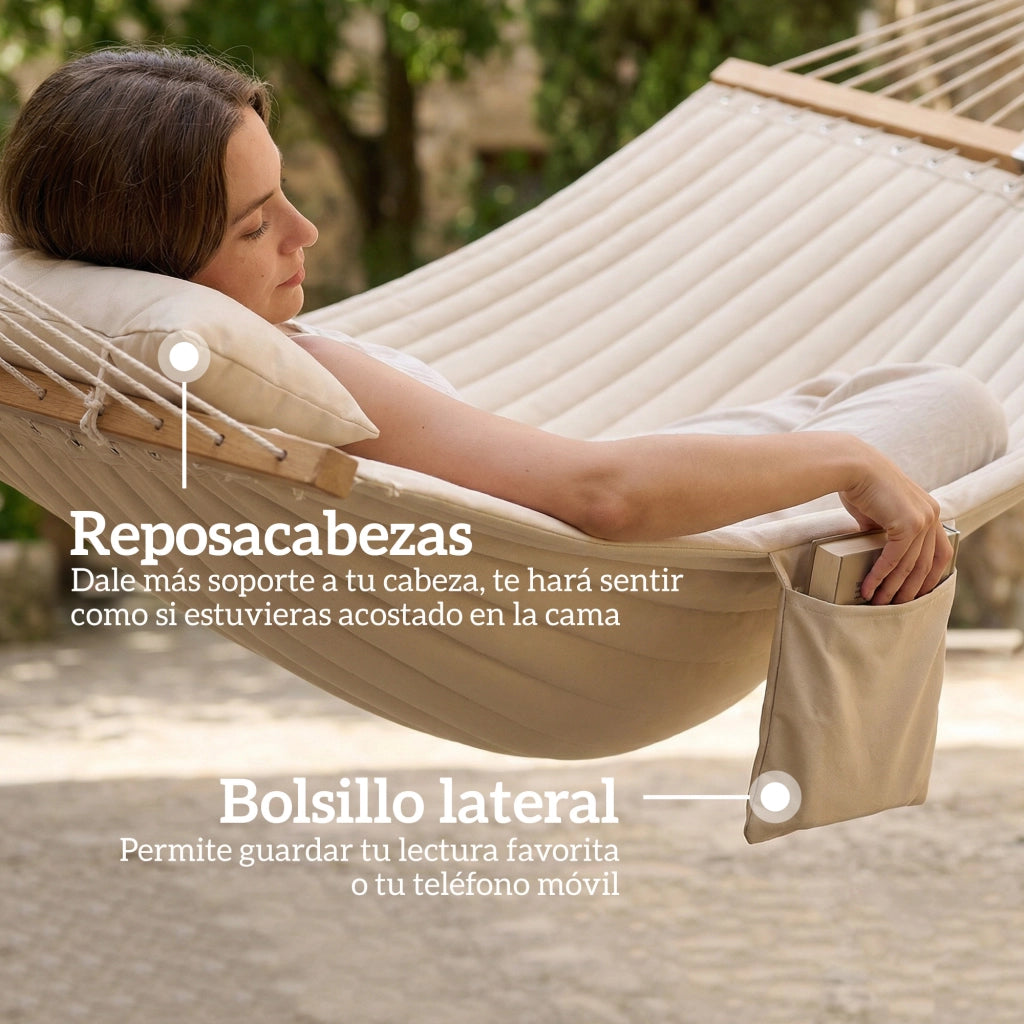 Amaca da Giardino con Cuscino e Tasca ¨C zephmum ¨C Crema Legno 325x140 cm