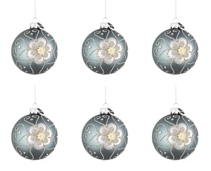 Palline di Natale in Vetro Blu Argento Fiore Eleganti Addobbi Albero Decorazioni Diametro: 80 mm