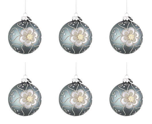 Palline di Natale in Vetro Blu Argento Fiore Eleganti Addobbi Albero Decorazioni Diametro: 80 mm