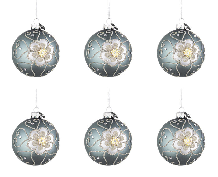 Palline di Natale in Vetro Blu Argento Fiore Eleganti Addobbi Albero Decorazioni Diametro: 80 mm