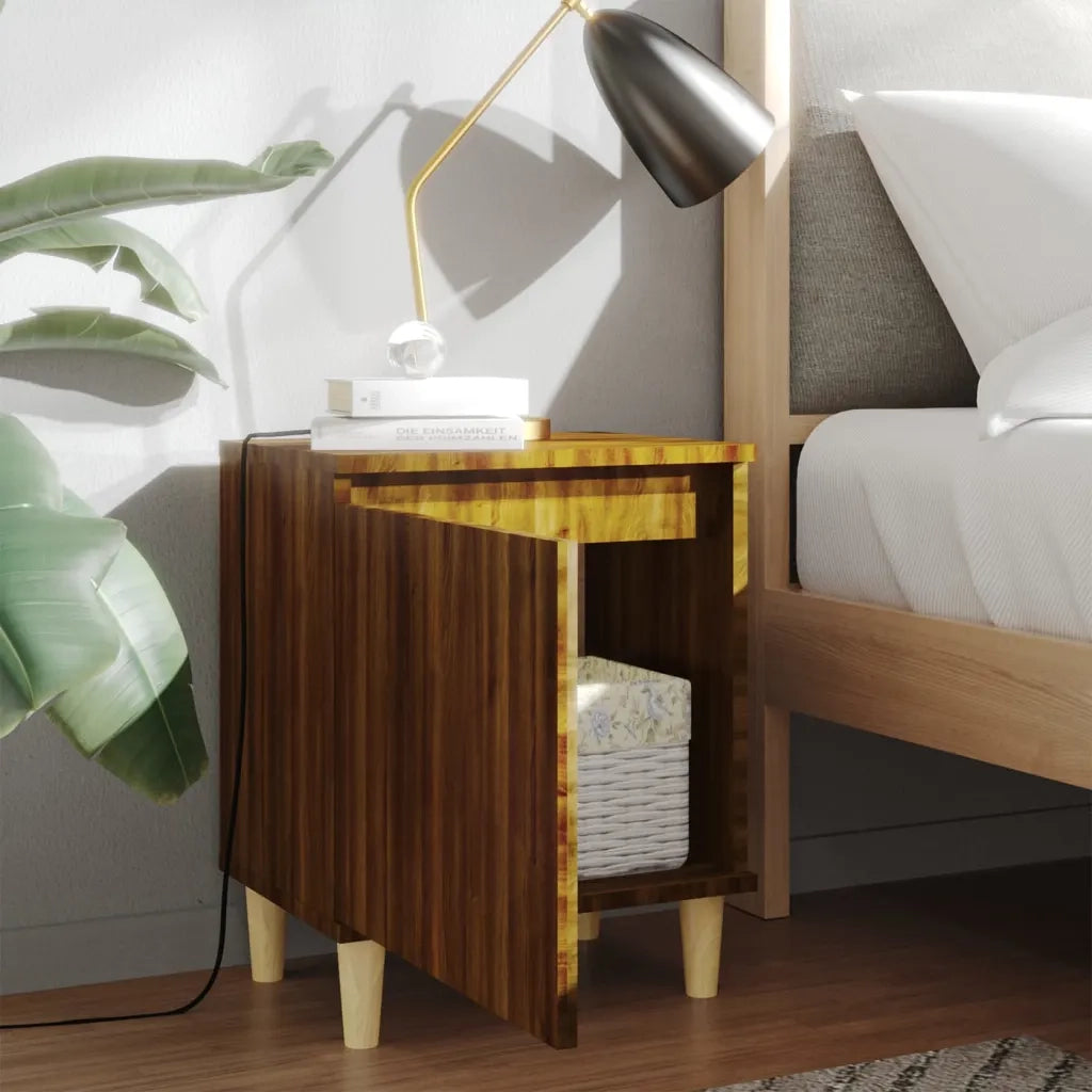 Comodino con Gambe in Legno Massello Rovere Marrone 40x35x50 cm 813114
