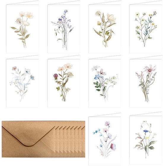 Set di biglietti di auguri fioriti da 10 - Carte bianche per auguri - Formato A6 - Carta di alta qualità - Incluso 10 involucri - Ideale per messaggi personali
