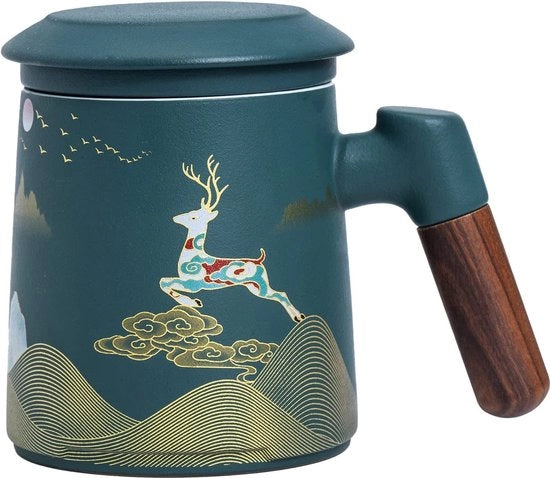 Tèmoke in ceramica con filtro e coperchio, tèmoke per uso quotidiano e ufficio, manuale con manico in legno, confezione regalo per familiari e amici, 400 ml