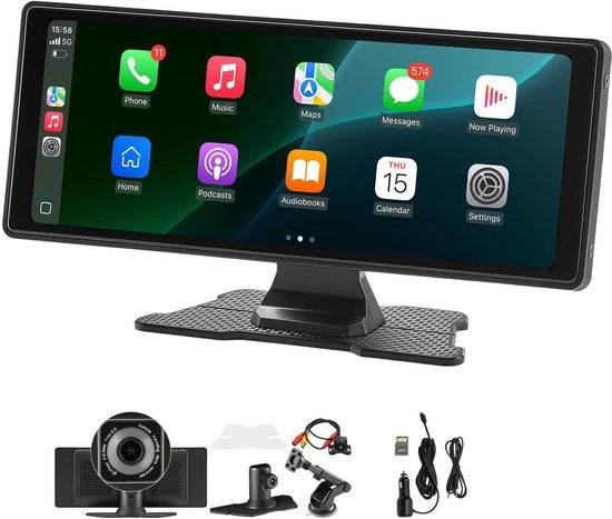 Autoradio a schermo a toccamento 10 pollici HD, compatibile con Apple CarPlay e Android Auto, inclusa camera anteriore e posteriore, controllo via smartphone, retrovisore elettrico, Bluetooth e navigazione GPS