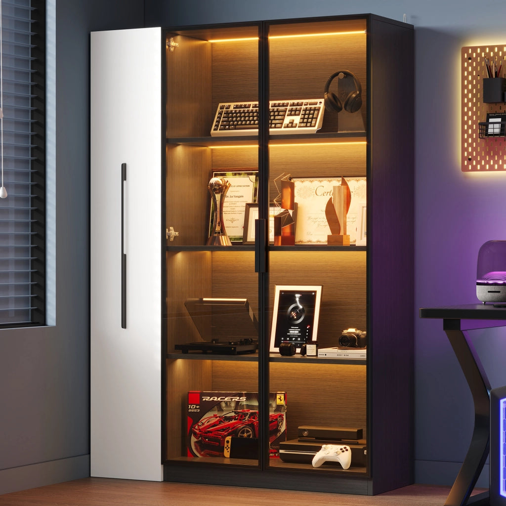 Vetrina con Porta in Vetro e LED; con Ripiano Laterale Estraibile; Stile Moderno; in MDF e Vetro; Nero; 110;5??35??160 cm