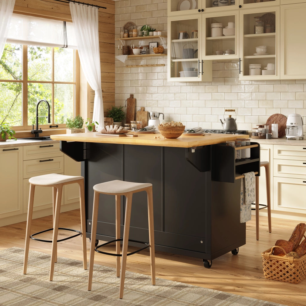 Isola da Cucina con 2 Ante; 5 Cassetti; Piano Ribaltabile; Ruote e Portasciugamani; in MDF e Metallo; Nero