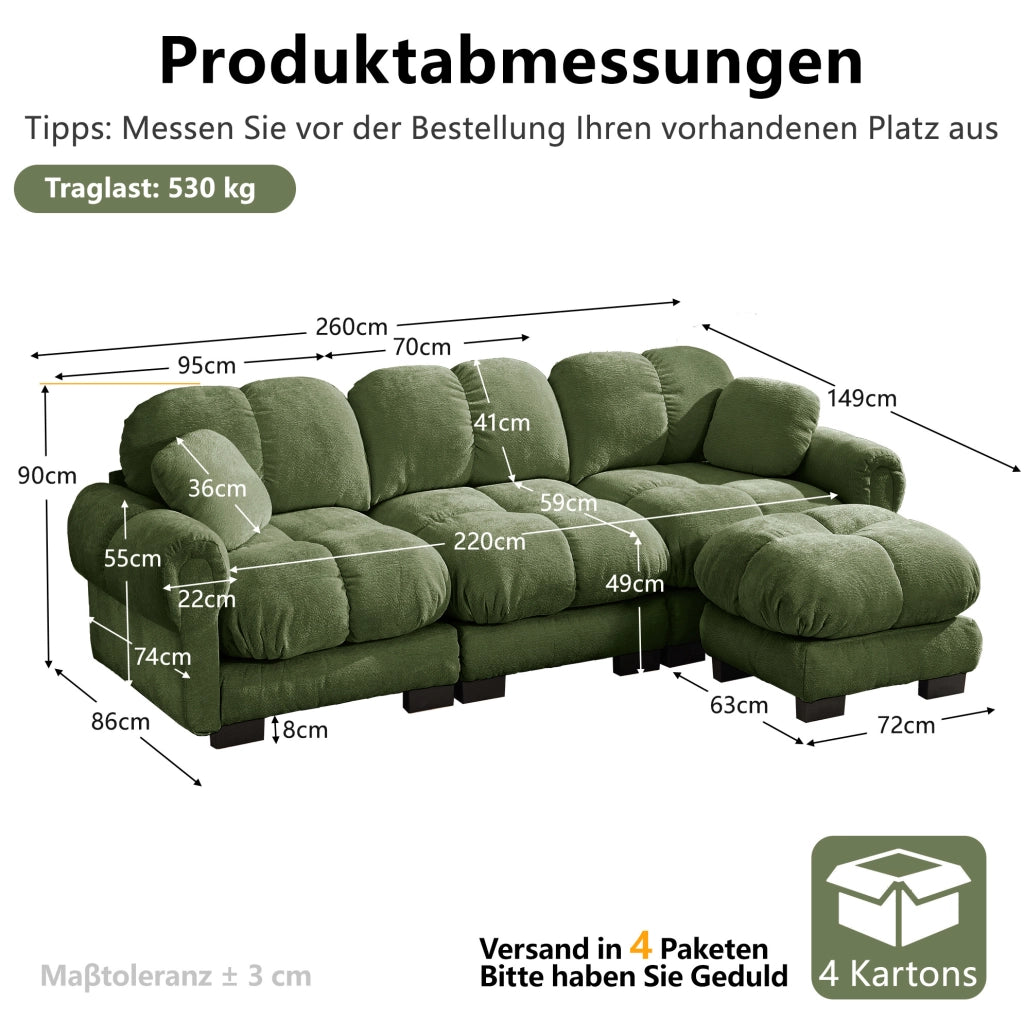 Divano angolare in ciniglia verde con pouf mobile HOMVRA