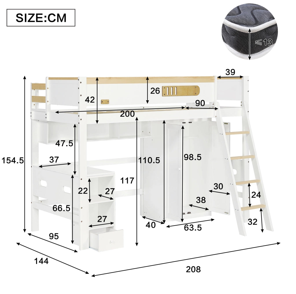 Letto a castello 90x200 cm con scrivania e armadio