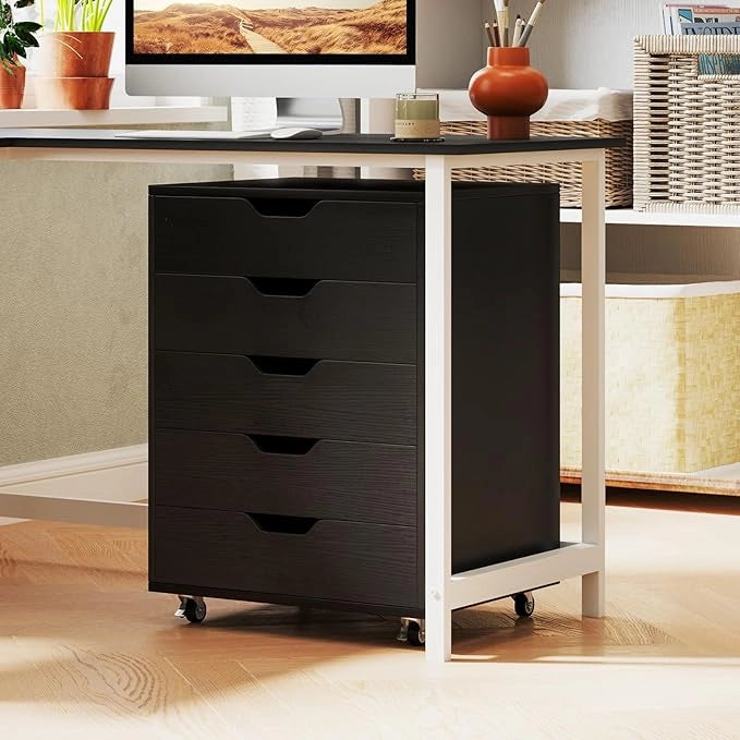 Cassettiera da Ufficio con 5 Cassetti e Ruote, Mobiletto Multiuso per Documenti e Cosmetici, Comodino con Ruote per Camera da letto, Studio, Ufficio e Soggiorno (Nero)