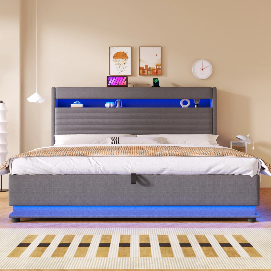 Letto Contenitore Matrimoniale 180x200 cm; USB Type-C; LED; con Rialzo Idraulico; Grigio