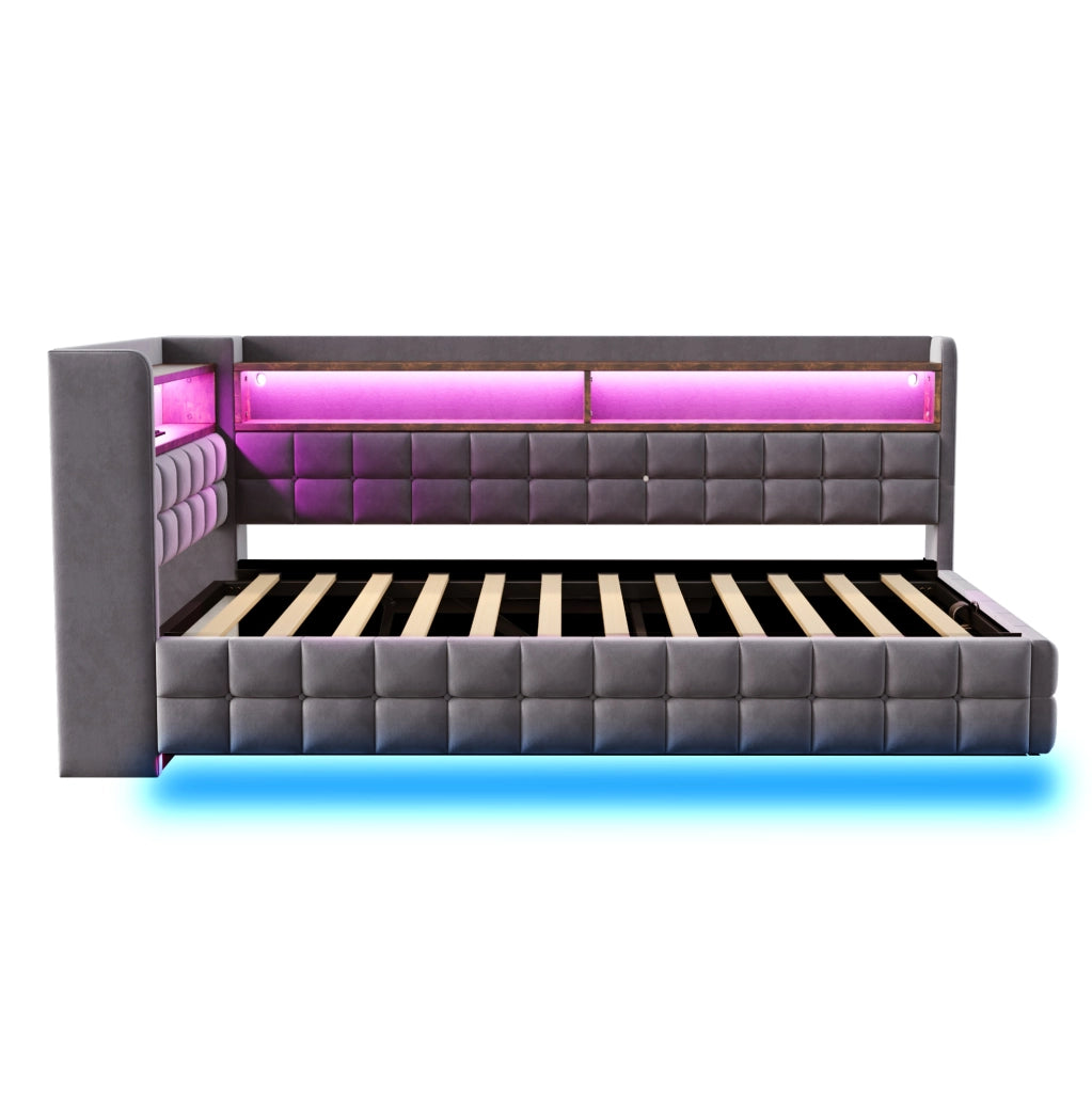 Letto imbottito multifunzione 90x200 cm con contenitore, LED e prese integrate