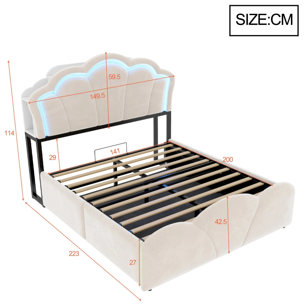 Letto imbottito ULEVR 140x200 cm con contenitore idraulico, LED, prese integrate e vani testiera, beige