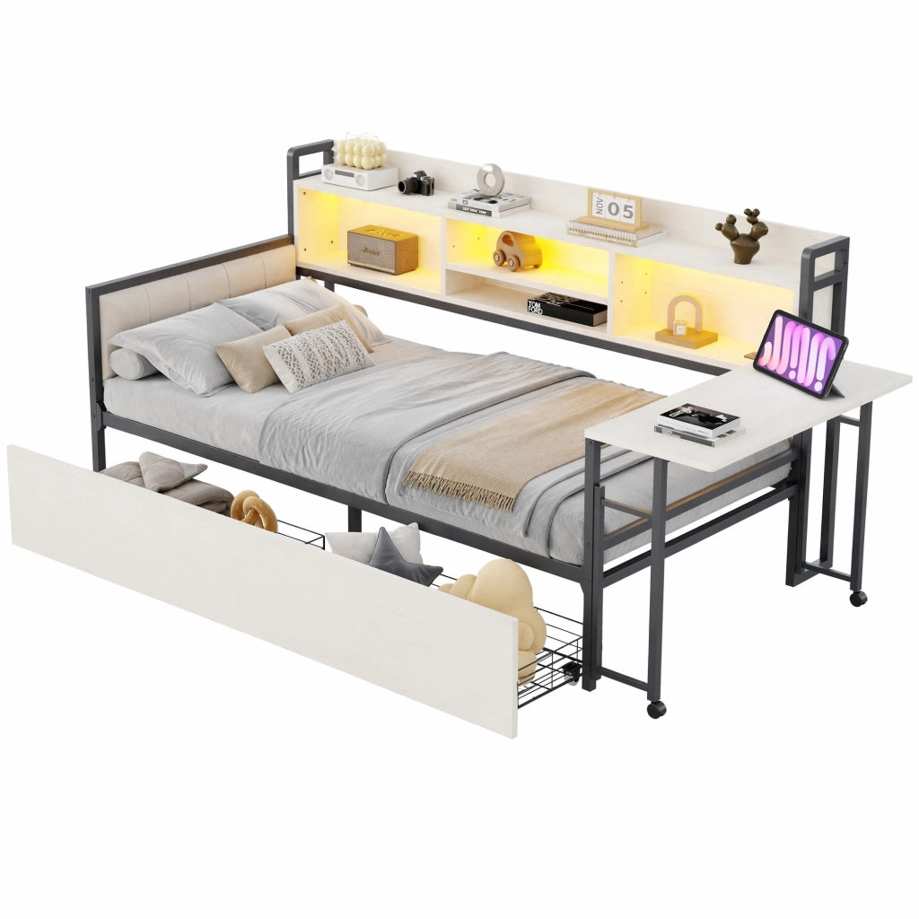 Letto multifunzione 90 x 200 cm in metallo, con LED, cassetti, scrivania estraibile e vano contenitore, bianco