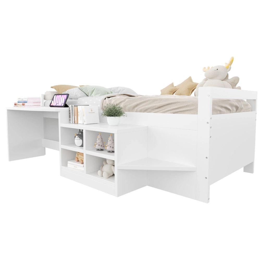 Letto multifunzionale 90x200 cm con scrivania, vani contenitore e prese