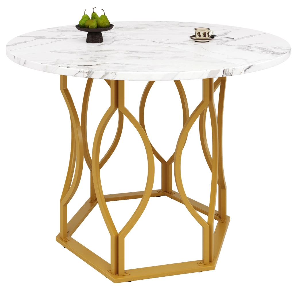 Tavolo da pranzo rotondo 100x100x76 cm; MDF e metallo; bianco e oro