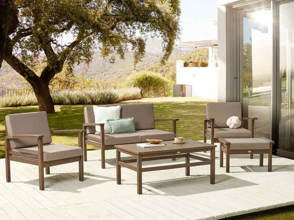 Set Divani Da Giardino Taupe Cuscini In Legno Massello Di Acacia 4 Posti Con Tavolo Set