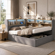 Letto imbottito in velluto grigio con LED, USB-C e contenitore