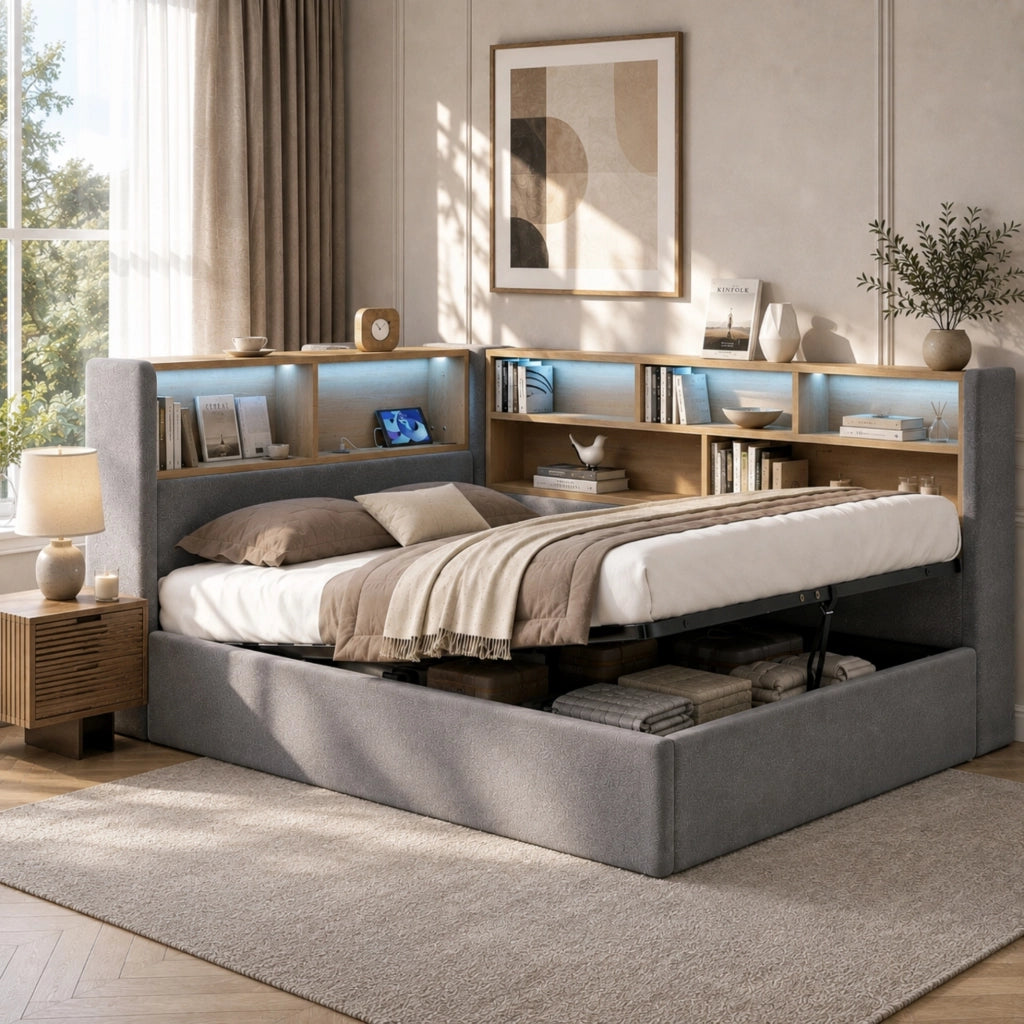 Letto imbottito in velluto grigio con LED, USB-C e contenitore