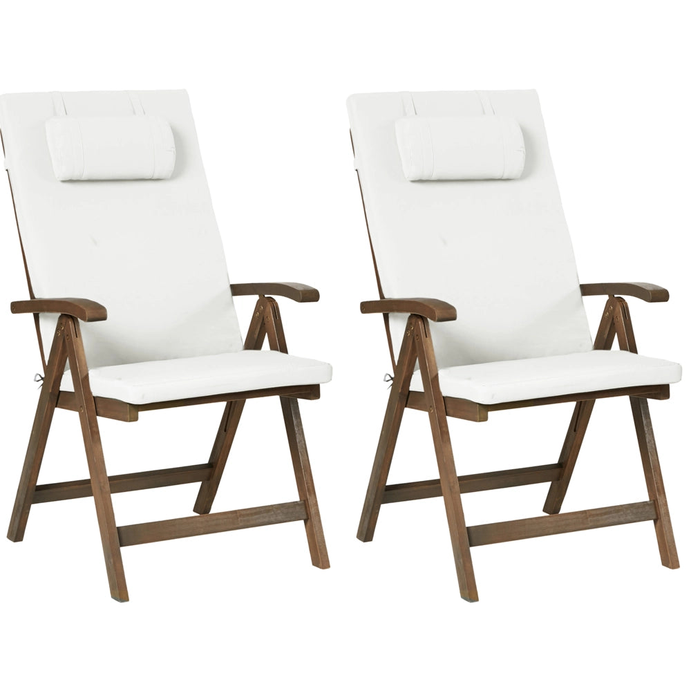 Set di 2 sedie da giardino rustiche in legno d'acacia naturale e cuscini bianco sporco pieghevoli per esterni con braccioli in stile rustico