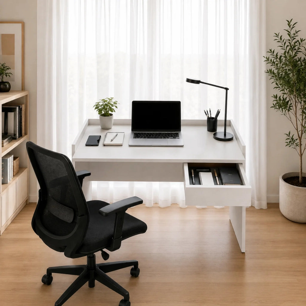 Scrivania Bianca Moderna con Cassetto e Piano Effetto Cemento | Scrivania PC Salvaspazio per Smart Working, Home Office e Studio | Tavolo Computer 90x60x80 cm
