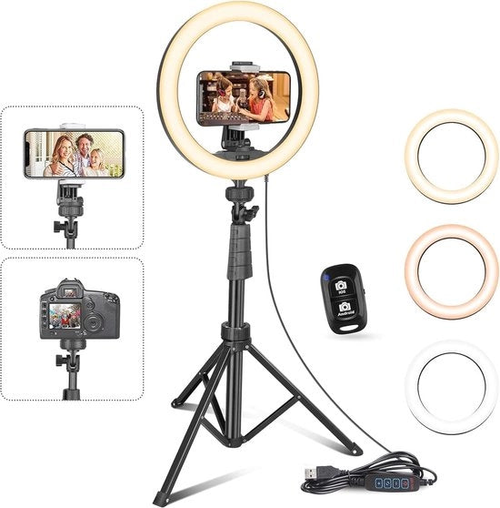 Ring Led per Selfie 10 Pollici con Tripode - Ideale per Streaming in Diretta, Trucco, Video e Fotografia