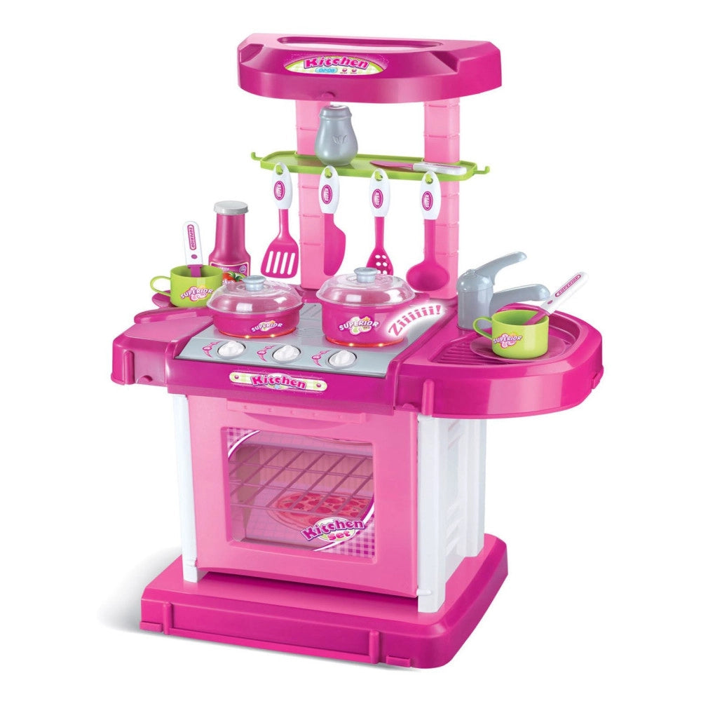 Trade Shop - Cucina Giocattolo Bambini Richiudibile In Trolley Fornello Luci Suoni Accessori Azzurro -