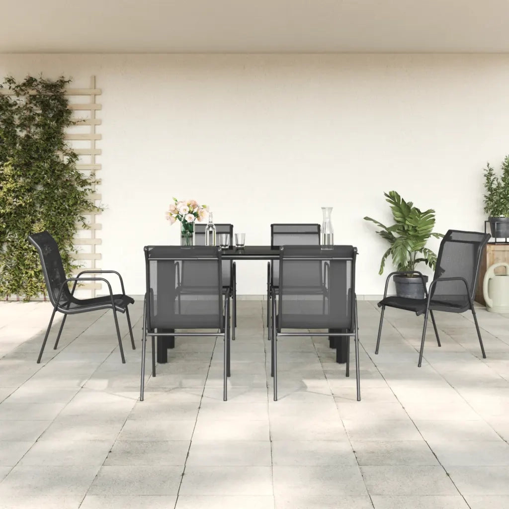 Set da Pranzo da Giardino 7 pz Nero in Acciaio e Textilene