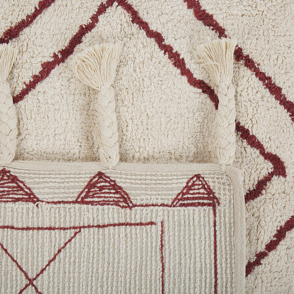 Tappeto cotone bianco sporco e rosso scuro 160 x 230 cm moderno orientale tribale nappe motivo geometrico