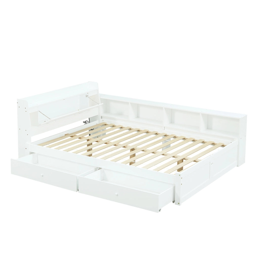 Letto matrimoniale 140x200 cm con contenitore; 2 luci e presa di ricarica bianco
