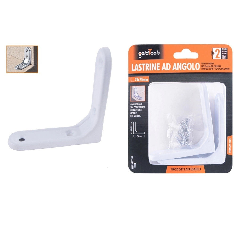 Trade Shop - 2pz Lastrina Ad Angolo 75x75mm Bianca Sostegno Staffa Angolare Viti Mobile 94781 -