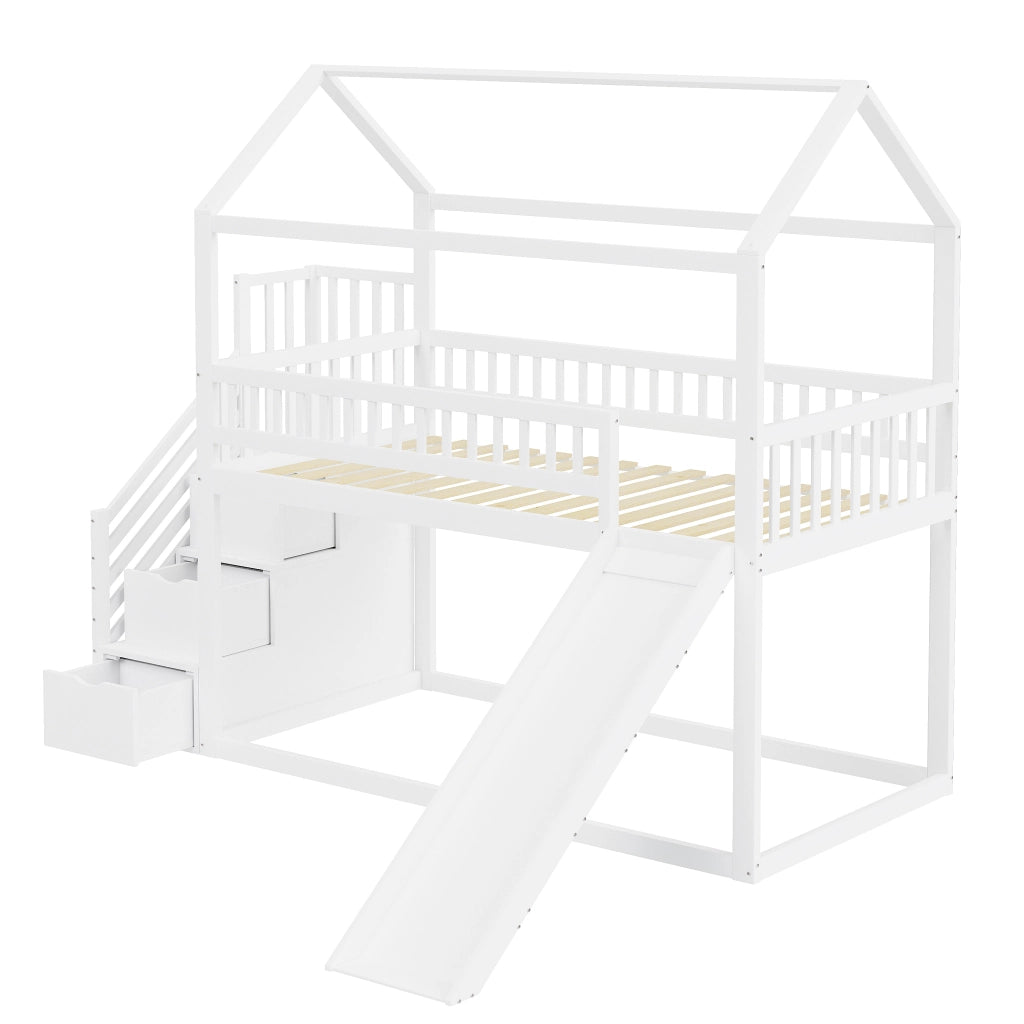 Letto a Soppalco 90x200 cm; Letto per Bambini con Scivolo e Scala Contenitore in Legno Bianco