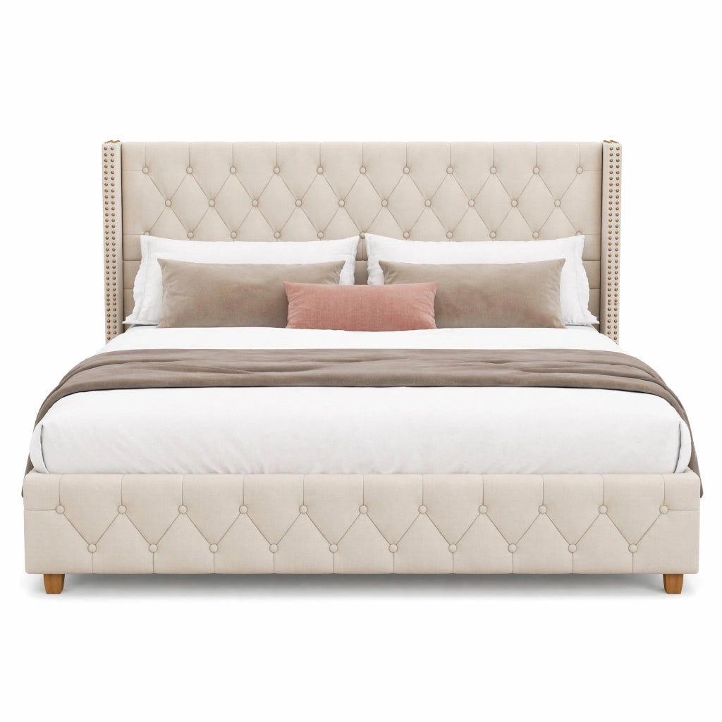 Letto imbottito 140x190 cm in lino beige con rete a doghe