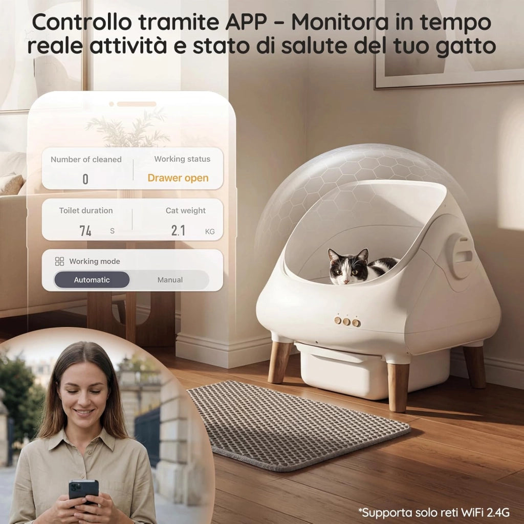 Lettiera Gatto Autopulente, Controllo tramite APP, Aperta Lettiera Automatica Gatto, XXL, per Gatti fino a 15 kg, Autopulizia per 15 Giorni, Adatta per Famiglie con Più Gatti