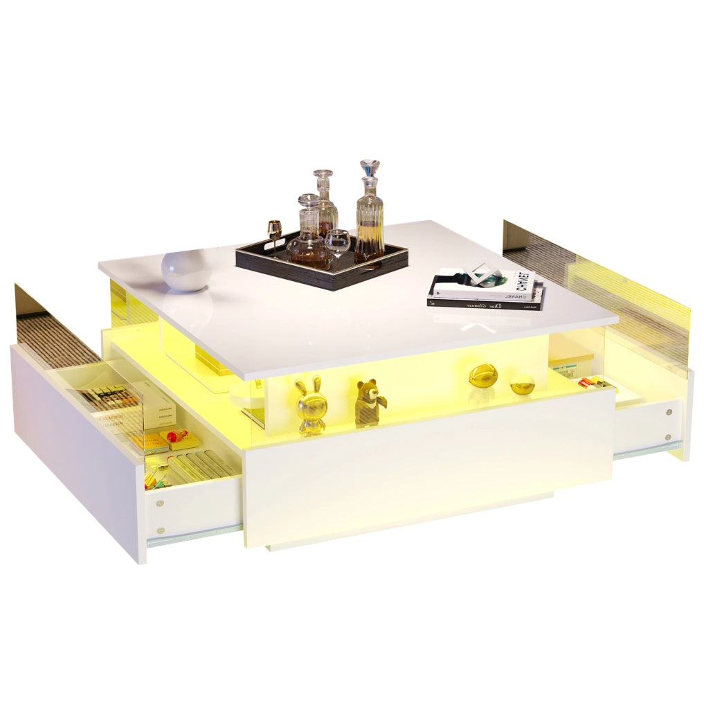 Tavolino da caffè bianco lucido con LED, 2 cassetti e vano trasparente 70×70×41 cm