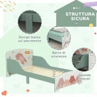 Letto per Bambini 3-6 Anni con Bordi Rialzati, Doghe e Fantasia con Animali, 140x70 cm, Verde
