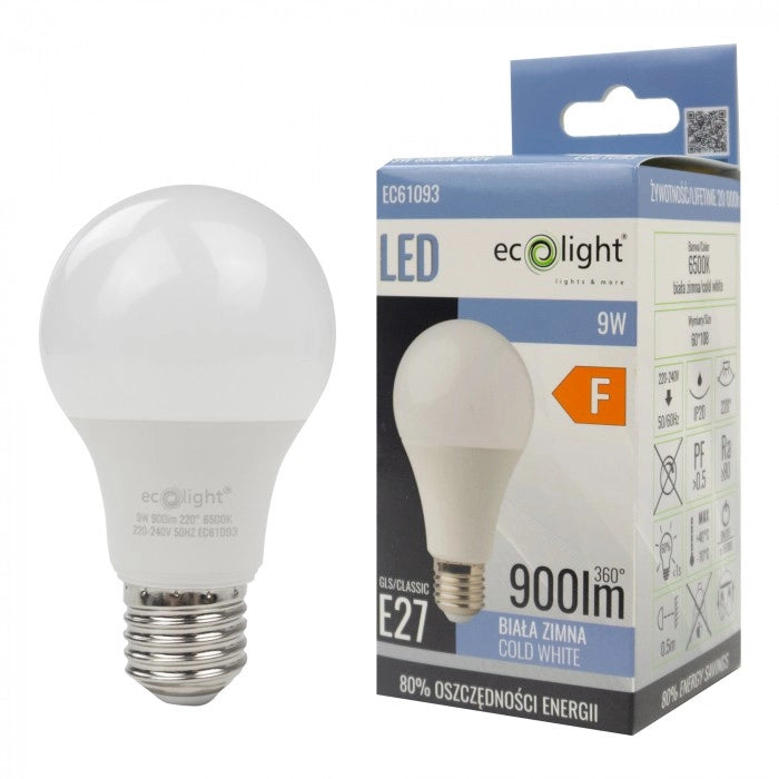 Lampadina LED sferica E27 9W 900lm 6500K anti-sfarfallio Ecolight