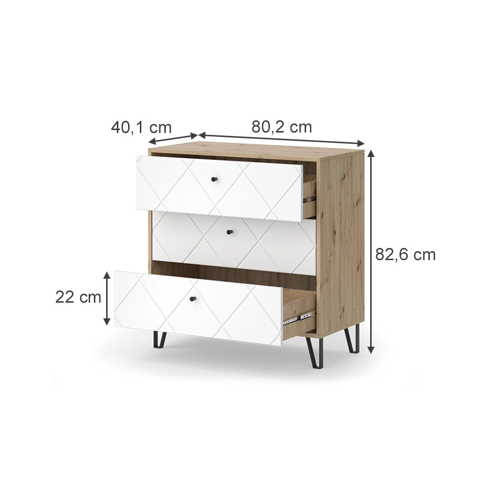 Vicco Cassettiera per camera da letto Artigianale/Bianco 80.2 x 82.6 cm con 3 cassetti