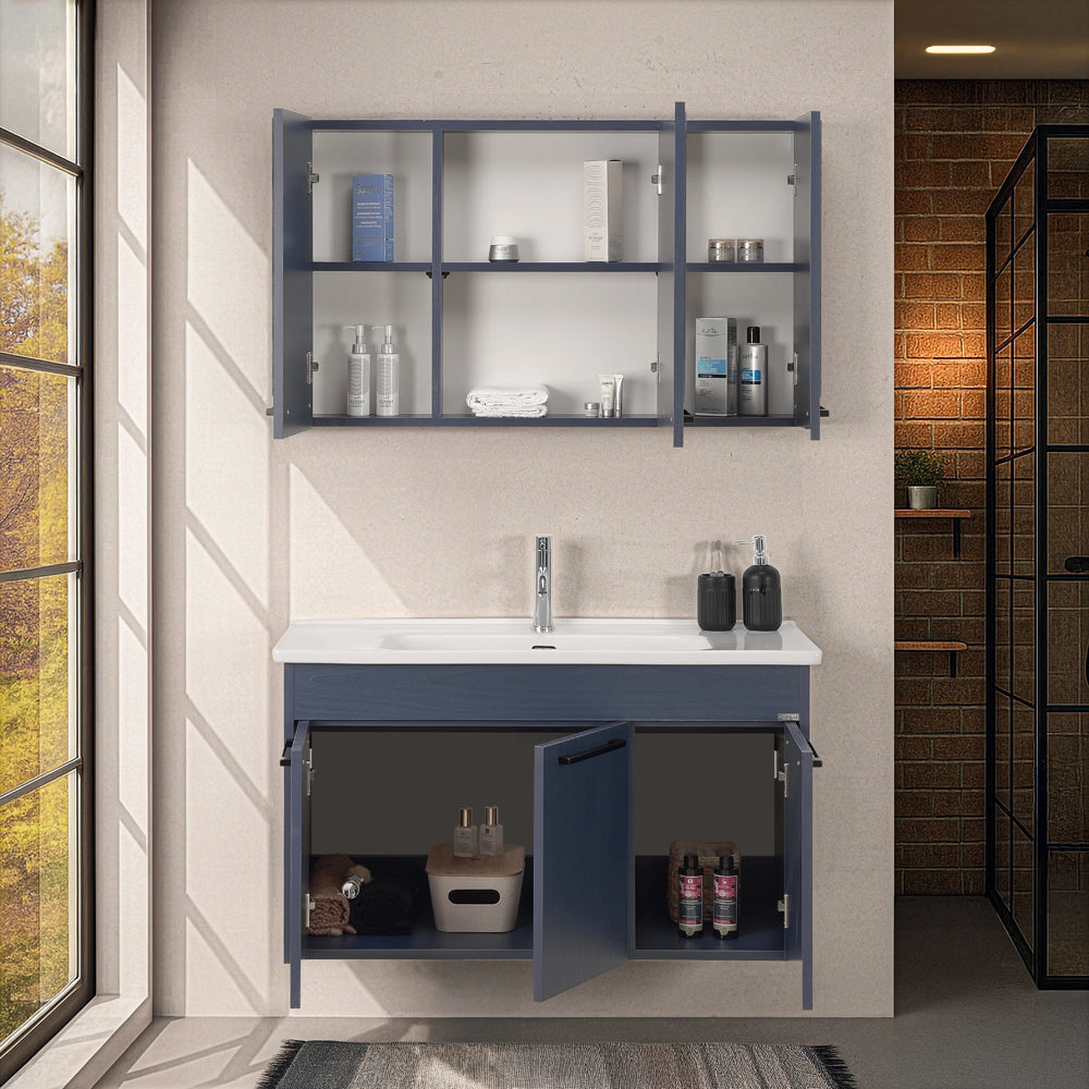 Mobile bagno sospeso 100 cm blu effetto legno con armadietto a specchio Sofia